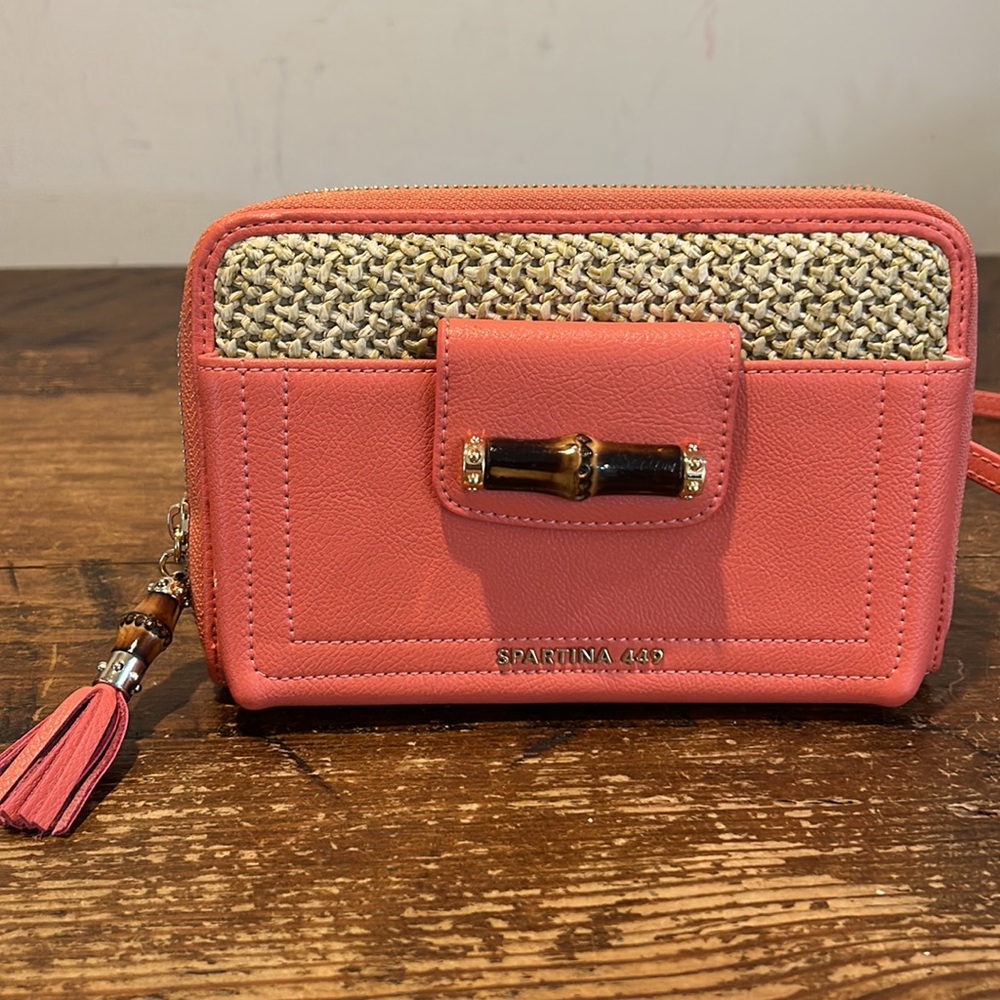 Spartina 449 Coral and Natural Woven Crossbody Wallet